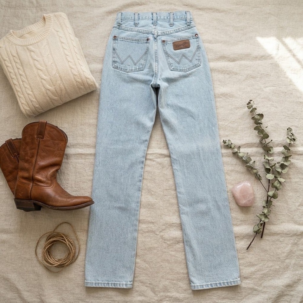 Wrangler 14MWZGH High Waisted Light Wash Straight Leg Western Jeans 1x32